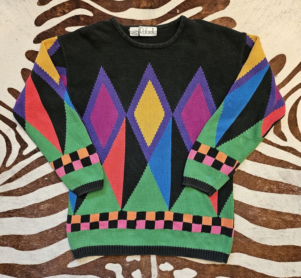 Vintage 80s Rafaella Geometric Color Block Sweater Womens Med Checker Diamond